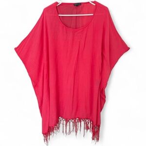 Bella Moda Red/ hot pink sheer mesh poncho shawl shirt with fringe trim